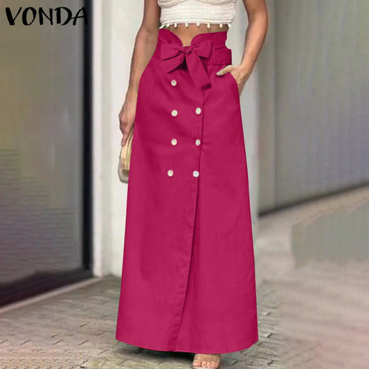 VONDA Plus Size 5XL Women Elegant Fashion Maxi Skirts 2024 Solid Color Bow Belt Casual Buttons Long Skirts Pockets Loose Bottoms