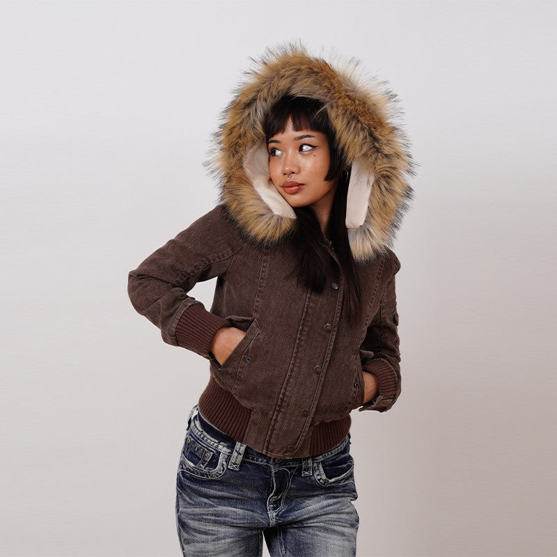 Vintage Brown Short Hooded Jacket Women's Full Sleeve Slim Detachable Fur Collar 2025 NEW Winter Autumn Female Outerwear