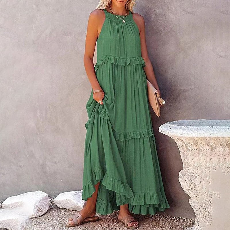 Women Casual Solid Ruffles Long Dress Summer Elegant Sleeveless Sundress Elegant