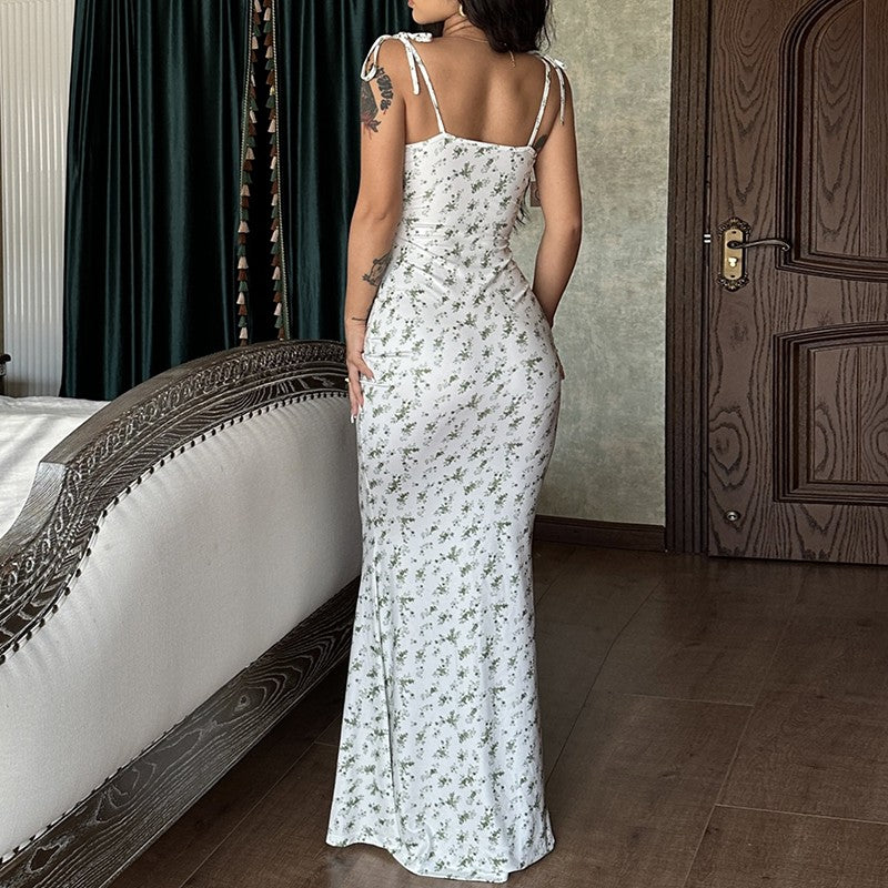 Hugcitar Floral Print Sleeveless Backless Slips Lace Up Maxi Dress Sexy Bodycon