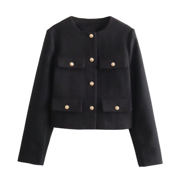 UNIZERA Winter New Product Women's Fashion and Casual Versatile Round Neck Flip Decoration Short Suit Coat