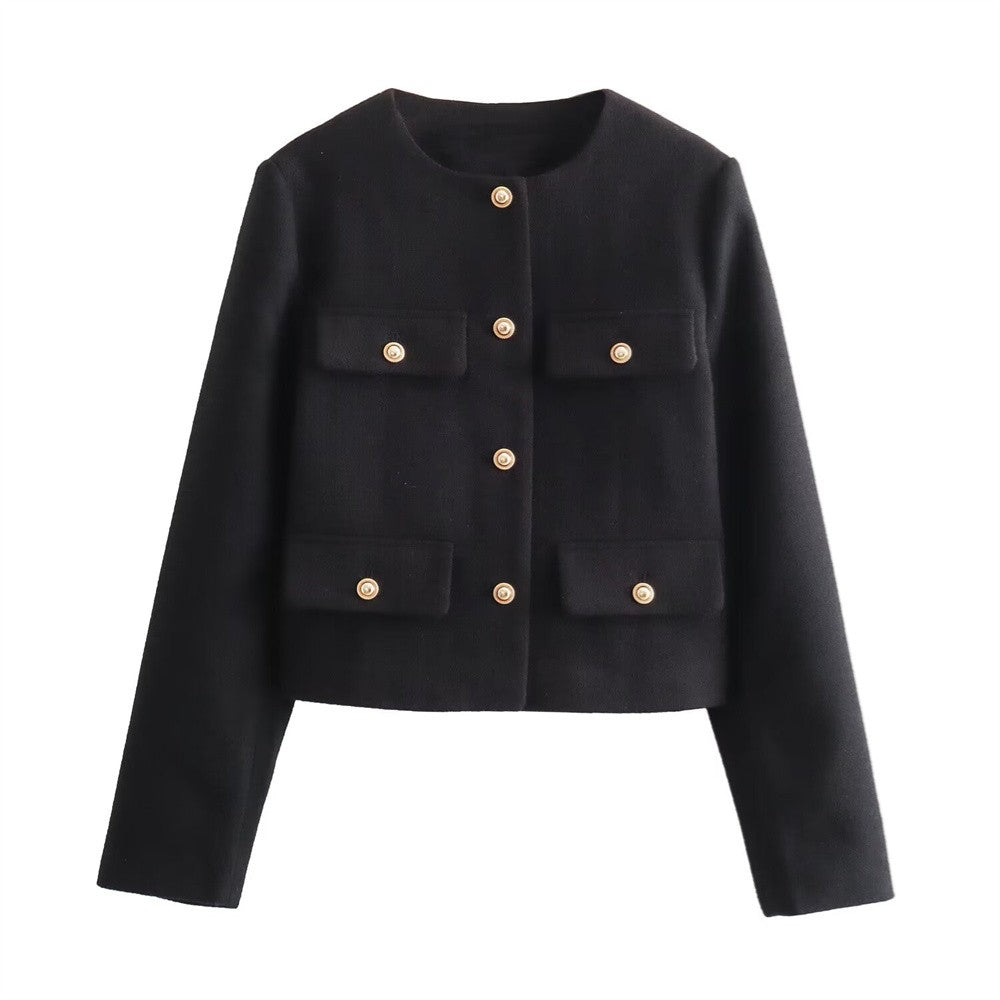 UNIZERA Winter New Product Women's Fashion and Casual Versatile Round Neck Flip Decoration Short Suit Coat