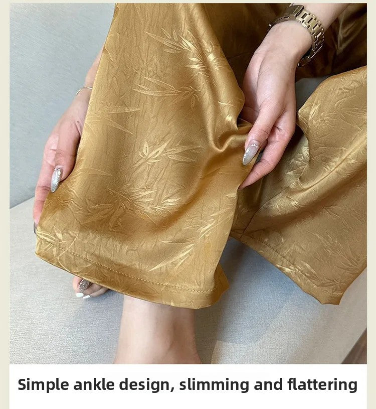 Plus Size Acetate Wide Leg Pants Women's Spring Autumn National Style Print High Waist Slimming Drapey Cool Large Size Women'...