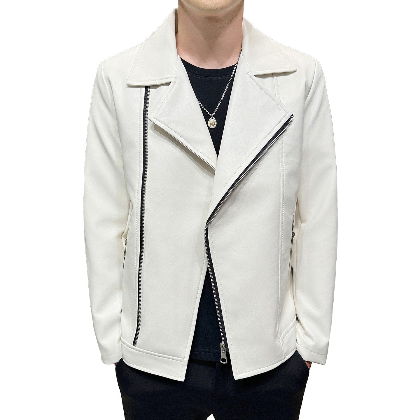 Autumn Men's Green Lapel PU Jacket, Black Faux Leather Motorcycle Coats, Coffee-Brown Casual Top, Asian Sizes Fit Slim Cut.