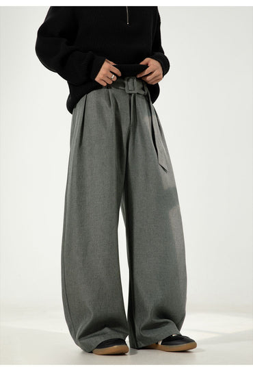 Men's Pleated Drape Curved-Leg Trousers Loose-Fit Straight-Leg Pants Retro-Style Belted Casual Pants