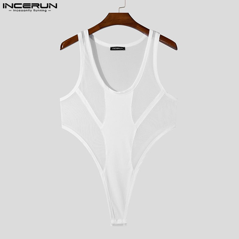 INCERUN American Style Bodysuits Fashion Mens Mesh Splicing Side High Slit Triangle Jumpsuits Sexy Homewear Sleeveless Jumpsuits