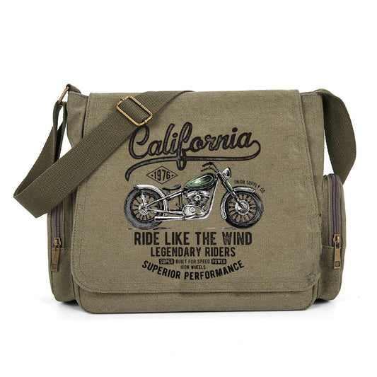 Vintage Men Canvas Messenger Bag Crossbody Bags Unisex Motorcycle Print Shoudler Bag Large Capacity Commuting Bag
