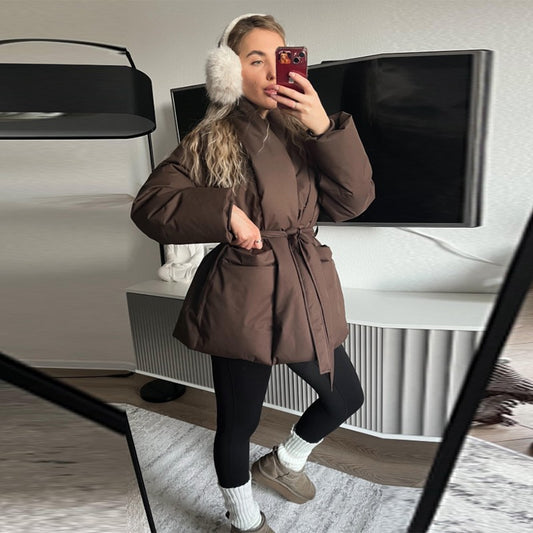 Casual Lace Up Women's Thicken Cotton Jacket Hooded Faux Fur Collar Zipper Long Coats Lady 2025 Winter Chic Female Street Coat