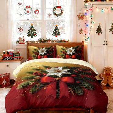 3pcs Christmas red floral print coreless duvet cover set multi size bedroom bedding holiday decoration soft machine washable