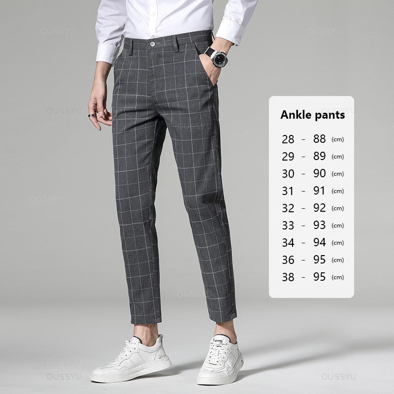 High Quality Plaid Stripe Ankle Length Pants Men Business Long Length Pant Straight Korea Grey Black Suit Formal Trousers Male