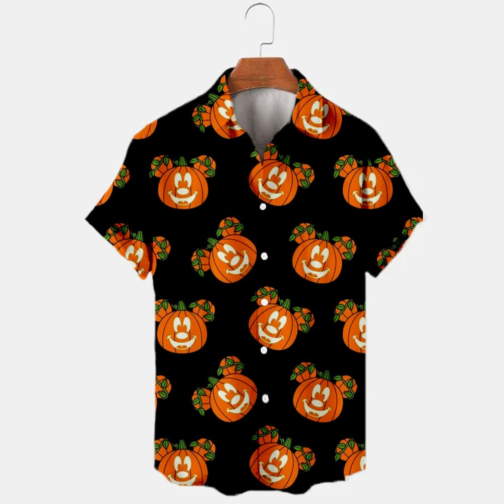2024 New Halloween Collection Disney Branded Stitch And Mickey Anime 3D Printed Men's Lapel Short Sleeve Slim Fit Hawaiian Shirt