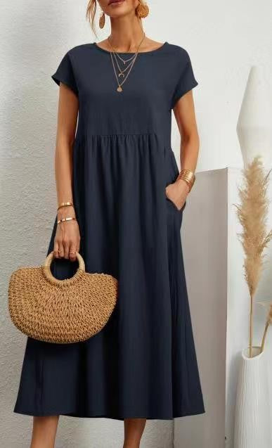 Women Vintage Solid Dress 2023 Summer Elegant O Neck Short Sleeve Cotton Linen D