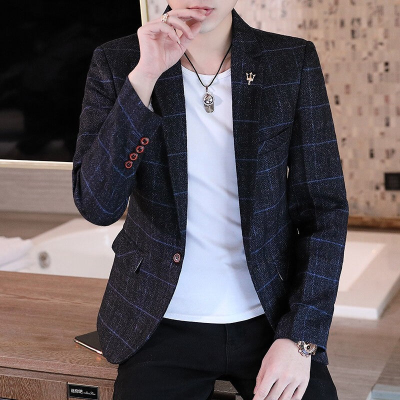 Men's casual plaid suit jacket, fashionable and versatile slim-fitting top, stylish plaid suit