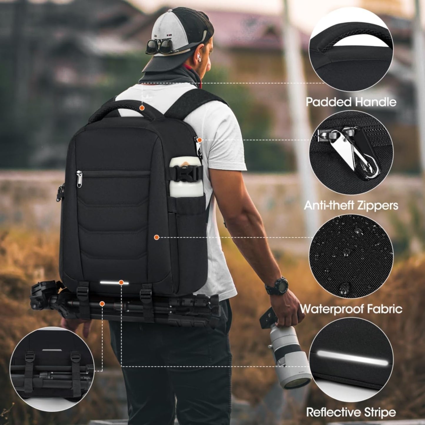 Mochila para Câmera Impermeável Antifurto para Notebook, Estojo Grande Capacidade para Câmera Fotográfica com Capa de Chuva