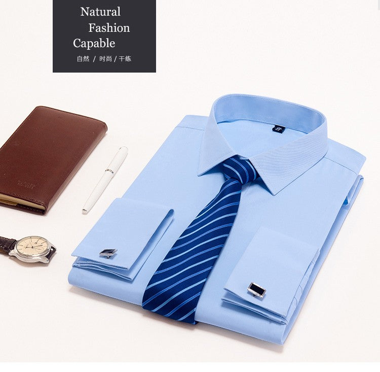 Men's Classic French Cuff Dress Shirt Covered Placket Long Sleeve Tuxedo Male Shirts with Cufflinks No Pocket Office Work White