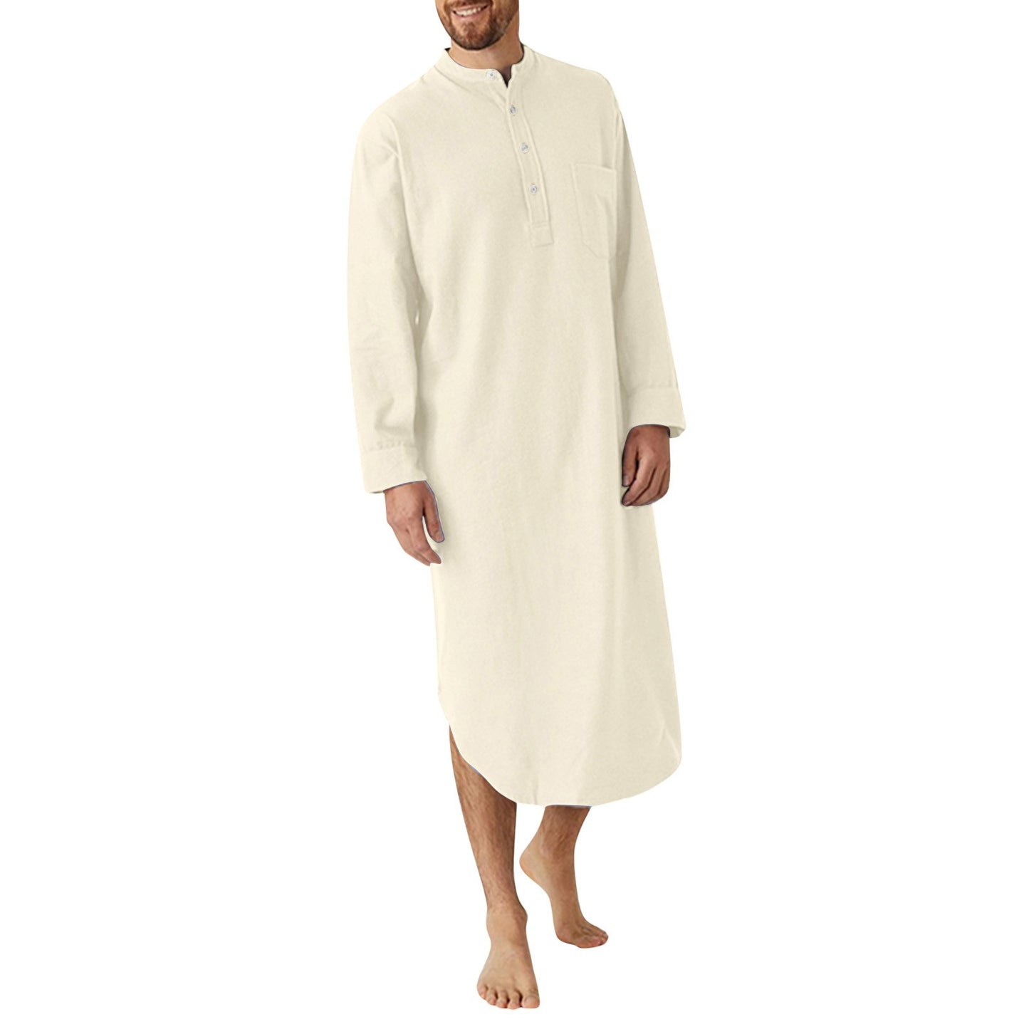 Men's Cotton Button-down Sleep Robe Solid Color Stand Neck Long Sleeve Nightgown Fashion Comfortable Home Wear Loose Bathrobe
