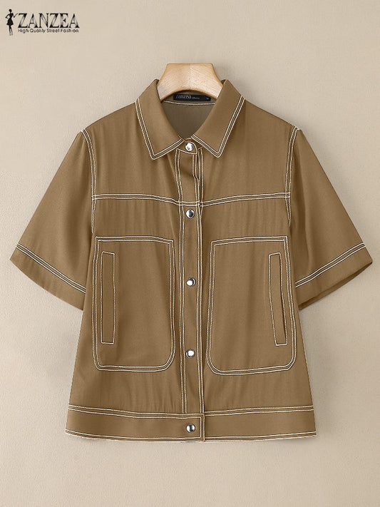ZANZEA Women's Denim-Like Contrast-Stitch Shirts 2025 Fashion Turn-Down Collar Short Sleeve Button Up Shirt Streetwear Woman Top