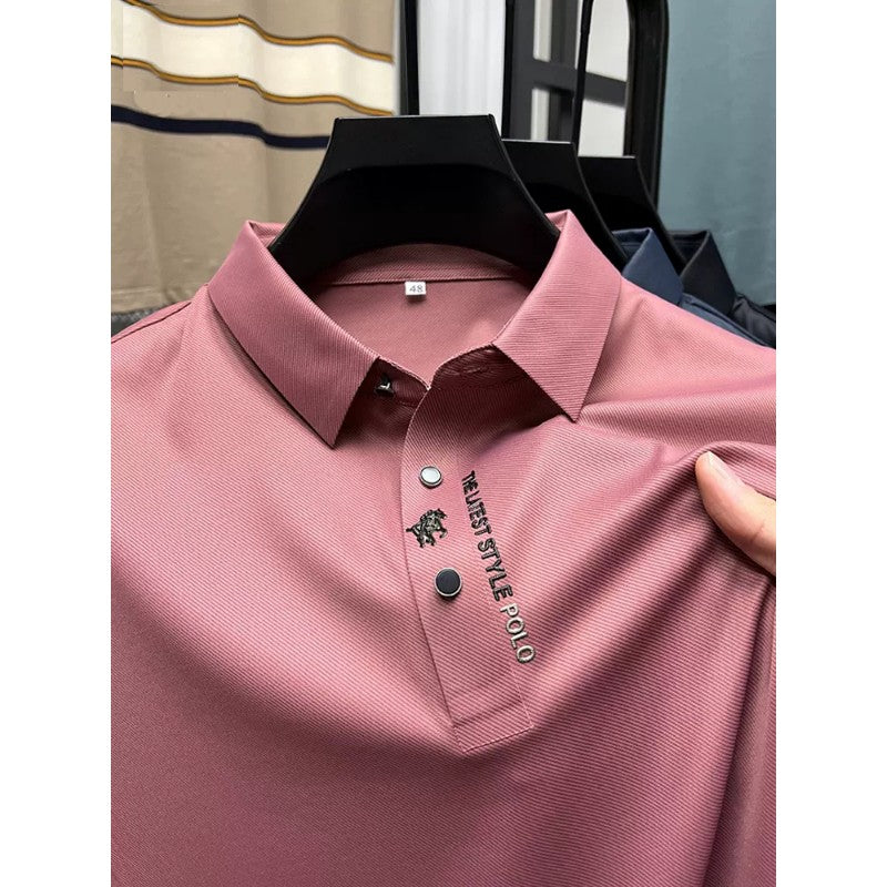 High End Brand New Summer Solid Color Silk Cotton High-quality Short Sleeved Polo Men's Fashionable Business Seamless Casual Top