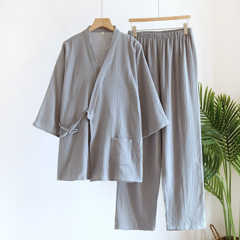 Large Size Kimono Robes with Pocket and Long Pants 2 Pcs Pajamas Set for Men Sleepwear Clothes Cotton Pjamas for Men