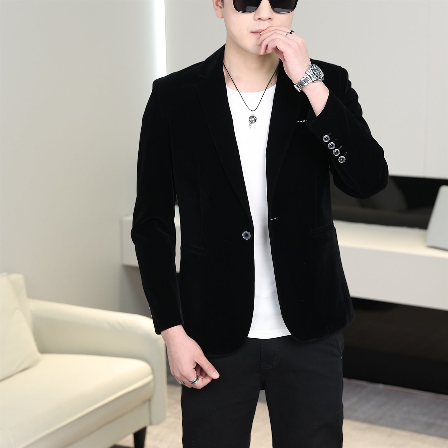 Gold Velvet Suit Men's Trendyy Performance Suit Spring & Fall All Year Round Slim Thin Youth Dress Groomsmen Groom's Dress Wedding Party Suit