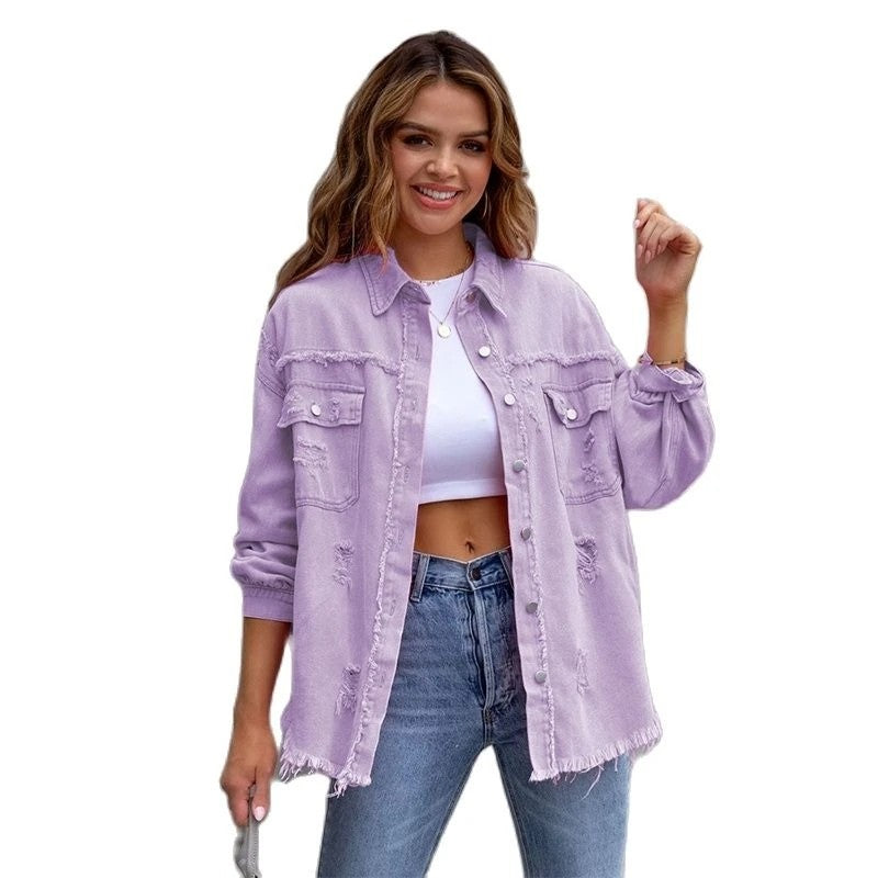 2025 Holes Raw-edges Denim Jacket Women Spring Autumn Shirt Style Jeancoat Casual Top Rose-Red Orange Purple Outerwear Lady Coat