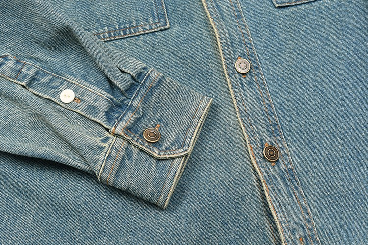Retro Waed Denim Workwear irt Casual Everyday Basic Long Sve irt Trendy Autumn Cotton 00% Button up Pure Color