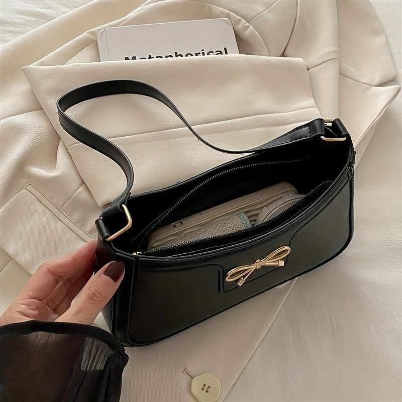 Chic Black Crescent Shoulder Bag for Women Elegant Underarm Purse with GoldenTone Bow Detail Polyester Lined Stylish PU Tote Bag
