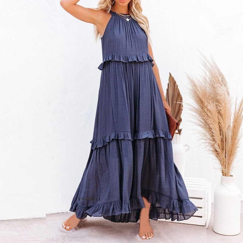 Elegant Women's Apricot Ruffle Edge Long Mop Floor Dresses Summer Fashion Hangin