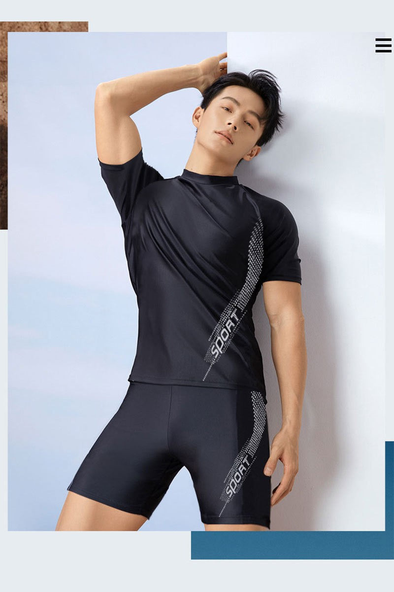 Men Swimsuit O-Neck Short Sleeve Mid-rise Swimming Suit Printing Slim Fit T-shirt Swimming Trucks Set Beachwear