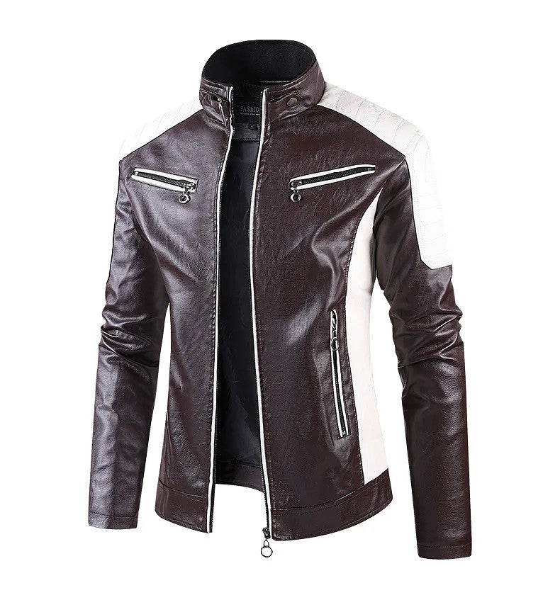 Aviator Full Zip Outerwear Men's Stand Collar Leather Jacket Fall Trendy Color Coats Block Motor Biker Jacket Classic Jacket