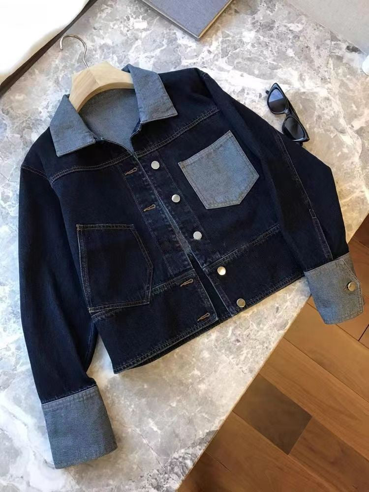 Retro Contrasting Color Laple Denim Jacket for Women 2024 Autumn New Loose Single-breasted Coats Casual Versatile Short Top