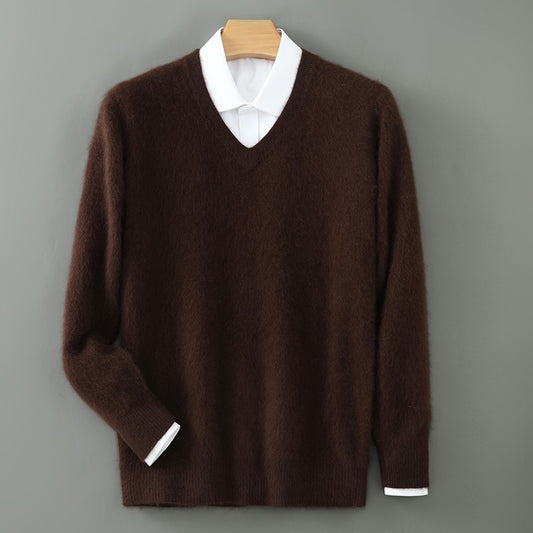 Autumn And Winter New Warm Pure Mink Cashmere Sweater Men's V-neck Pullover Thickened Plus Size Knitted Bottoming Shirt
