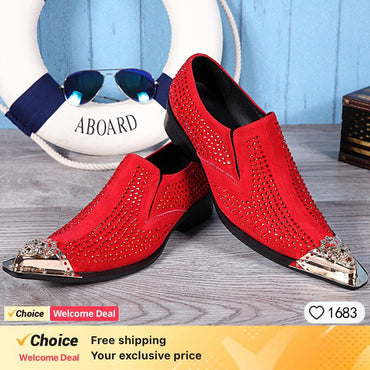luxury mens shoes Stick diamond red metal pointed party wedding Dress shoes man