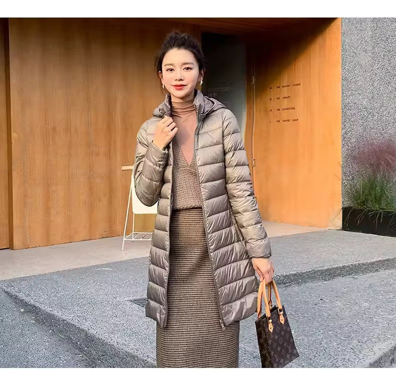 Women's X-long Office Lady Hat Detachable Puffer Jackets 2025 New Arrival Autumn Winter White Duck Down Warm Coat