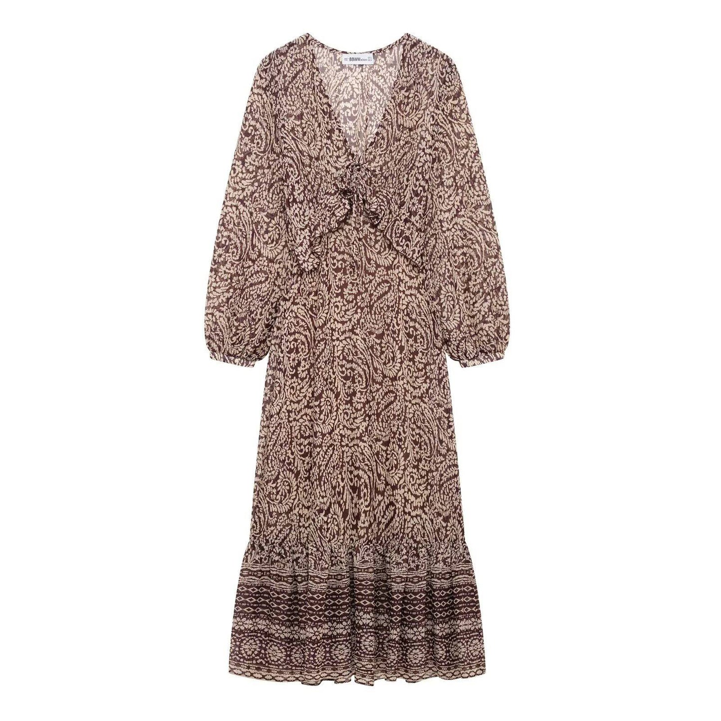 2025 Spring New Product Women's Stacked Decorative Printed V-neck Midi Dress Fas