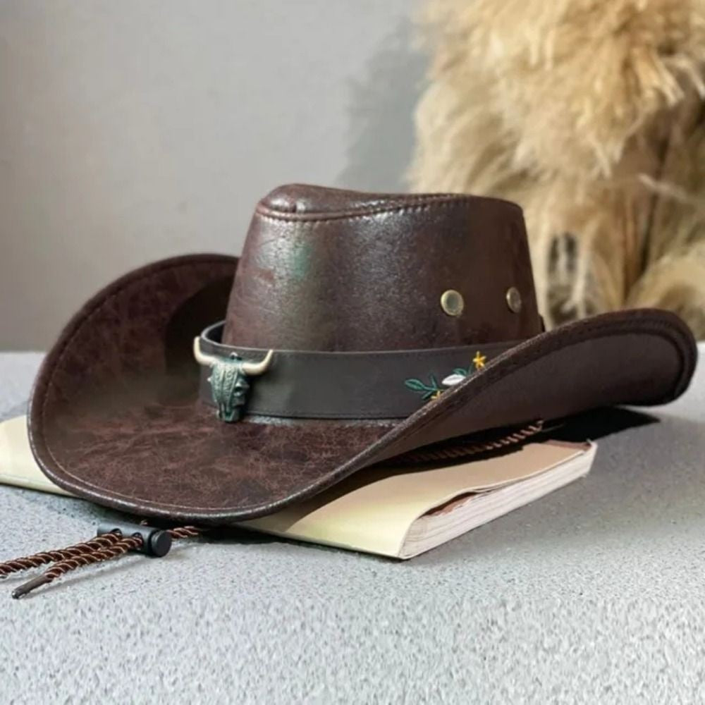 Chapéu de Cowboy Ocidental de Couro PU Simples com Aba Larga e Cordão, Boné Bucket com Proteção Solar, Chapéu para Viagem ao Ar Livre, Chapéu de Caminhada, Chapéu de Pescador, Chapéu de Viagem