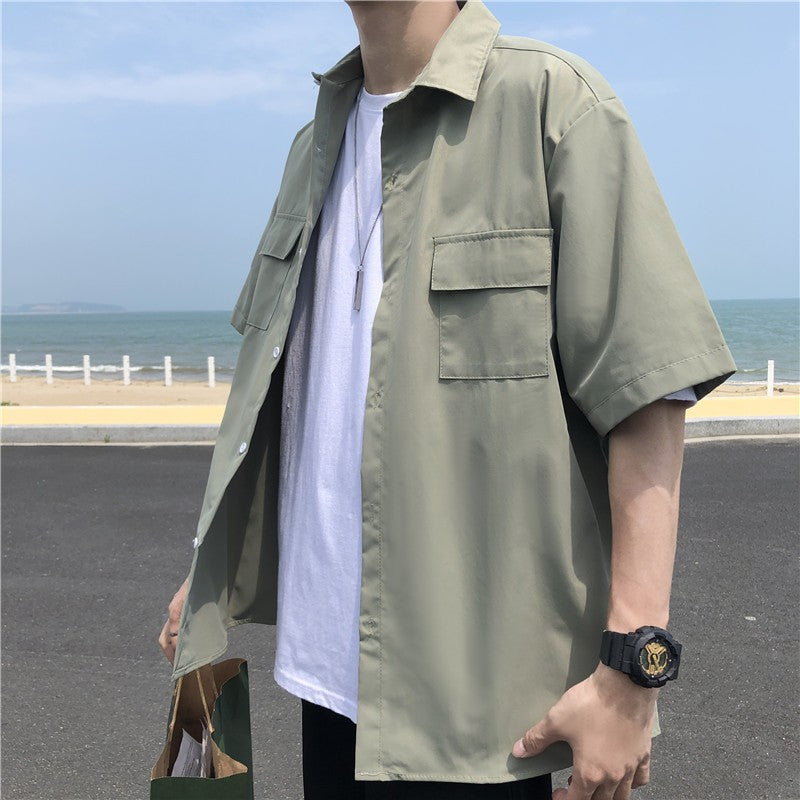 Summer Basic Shirts for Men 2025 New Half Sleeve Cargo Shirts Loose Casual Lapel Cardigan Tops Male Shirt Coats Retro Streetwear
