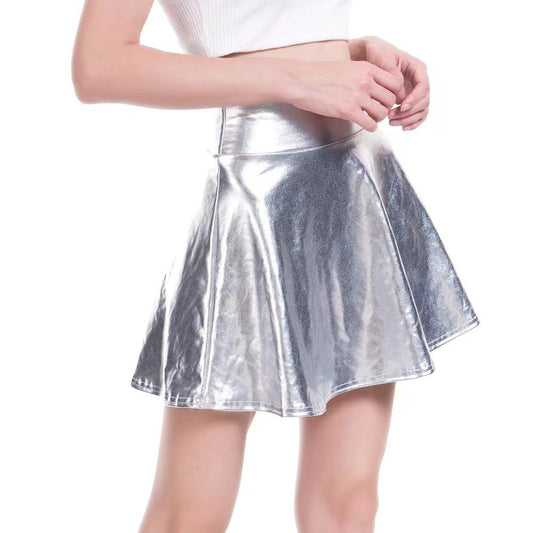 Elegant Metallic Pleated Skirt Gold Silver Flared Design Shiny Short Dress Elastic Solid Color A-line Short Skirt Stage Costume