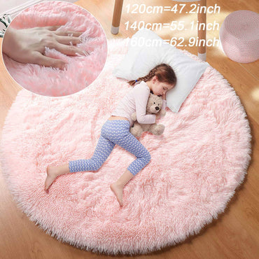 100/120/140/160 Round Rug Fluffy Soft Area Rugs for Kids Girls Room Princess Castle Plush Shag Carpet Cute Circle Bedroom Decor