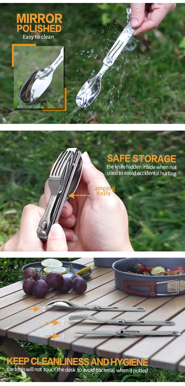 Conjunto de Talheres para Camping 3 EM 1 ROXON Faca Garfo Colher Aço Inoxidável Portátil e Destacável