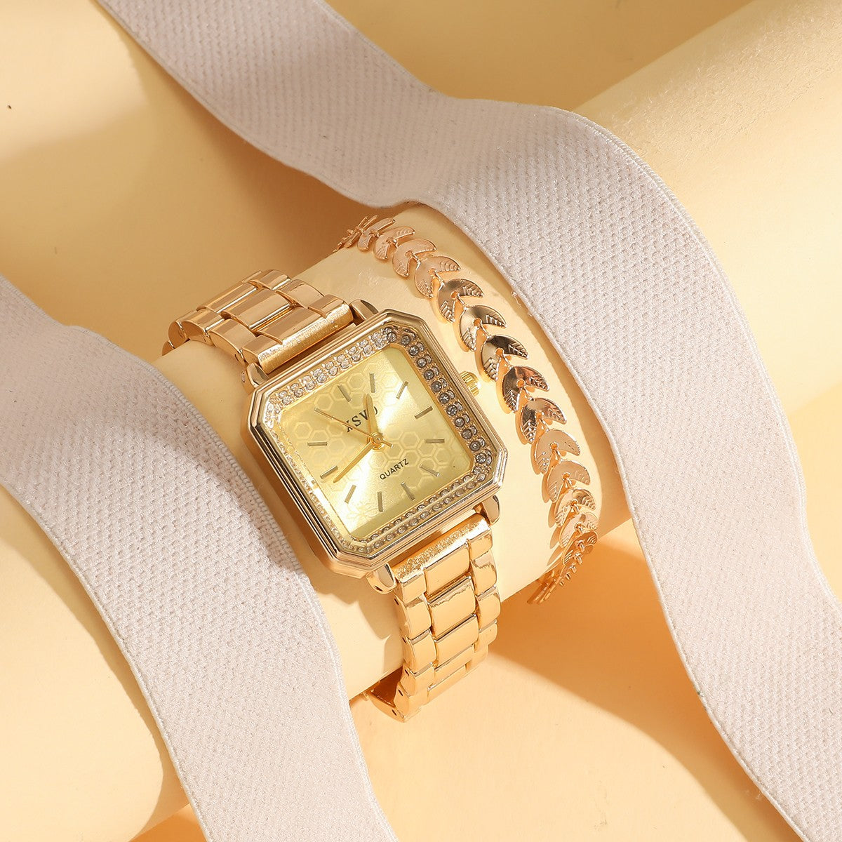 Vintage Gold Fashion Watch Set Square Plate Watch Chain Bracelet Geometric Accessories Orange Gift Box