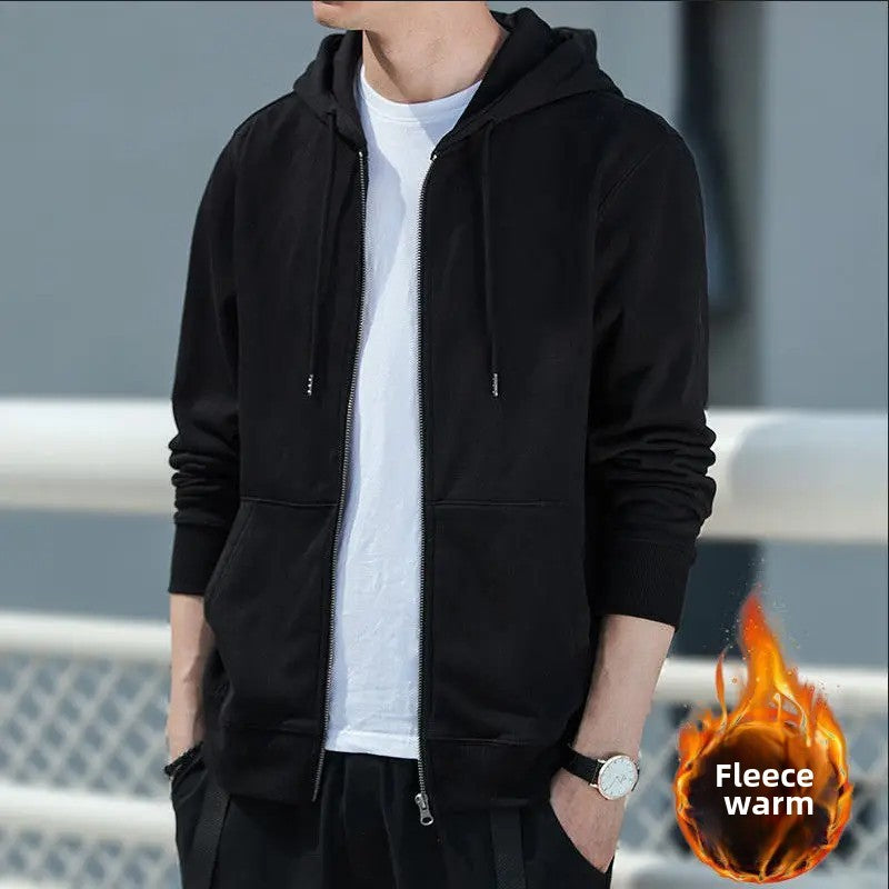 Men's Fleece-Lined Warm Jacket 2024 Autumn Winter New Cardigan Sports Top Casual Hooded Sweatshirt Regular Length China Origin