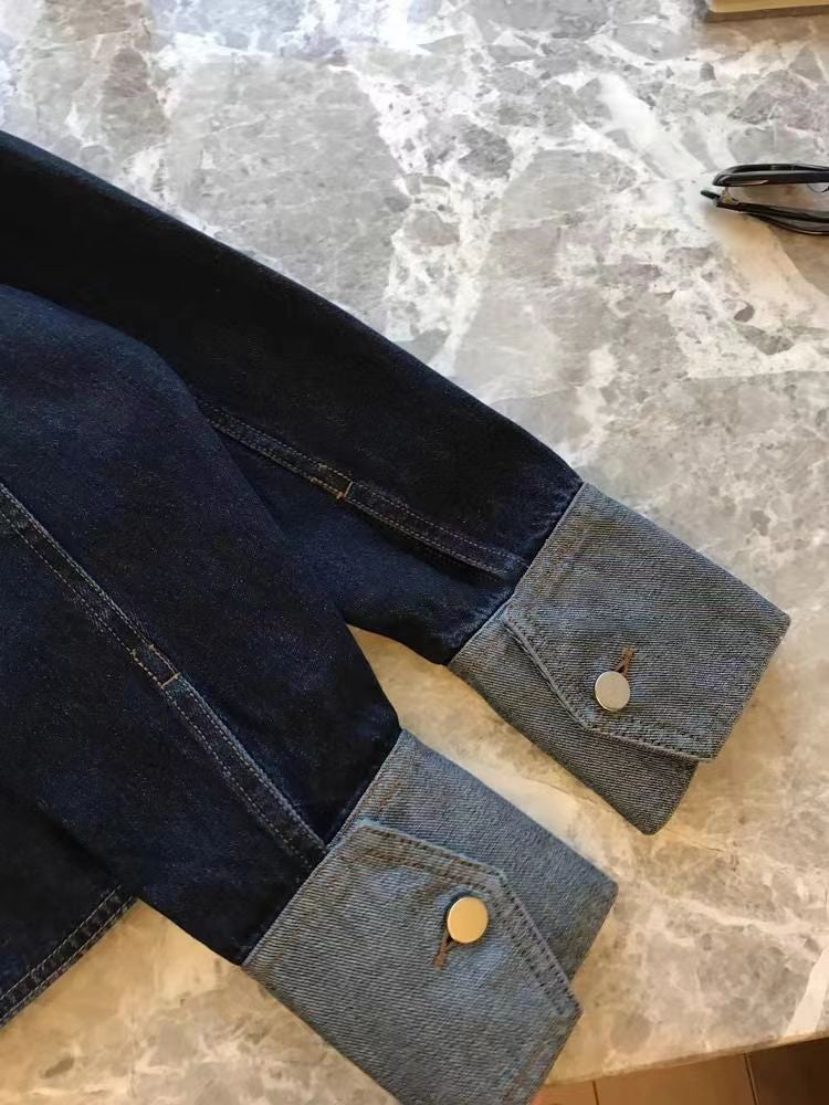 Retro Contrasting Color Laple Denim Jacket for Women 2024 Autumn New Loose Single-breasted Coats Casual Versatile Short Top