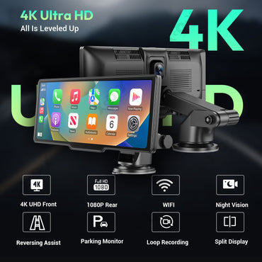 4K 1080P 10.26" Wireless Apple CarPlay Android Auto Touchscreen Car DVR Dashcam Dual Lens Video Recorder Mirror Link WIFI BT FM