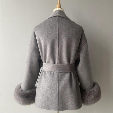 Jxwatcher Women's Wool Coat with Real Fox Fur Cuffs Ladies Elegance Belt Slim Outerwear Fall Winter High-End Wool Coats 2024 New
