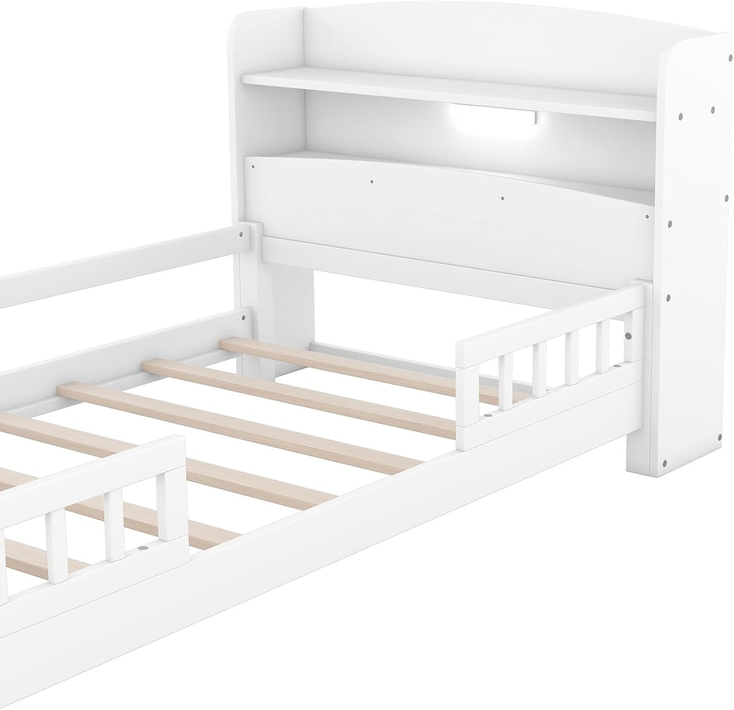 Estrutura de Cama de Solteiro com Cabeceira Armário, Branco - Cama Infantil de Madeira Maciça com Luz LED Embutida, Grade de Proteção e Estrado - 87L x 43