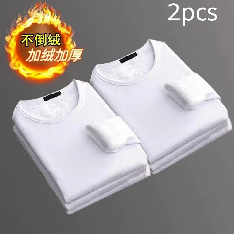 2PCS Men's Underwear Winter Long-sleeved Thermal Underwear Plus Velvet Padded T-shirt O-Neck Solid Color Slim Bottoming Shirt