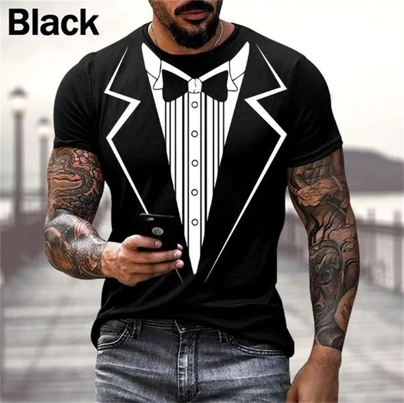 Mens Summer Fashion 3D Printed T-shirts Funny Fake Suit Cosplay Short Sleeve Cas