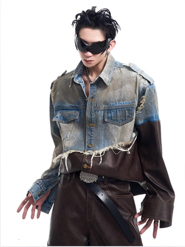 2024 American vintage do old piece-leather destruction denim jacket men fall dirty jacket