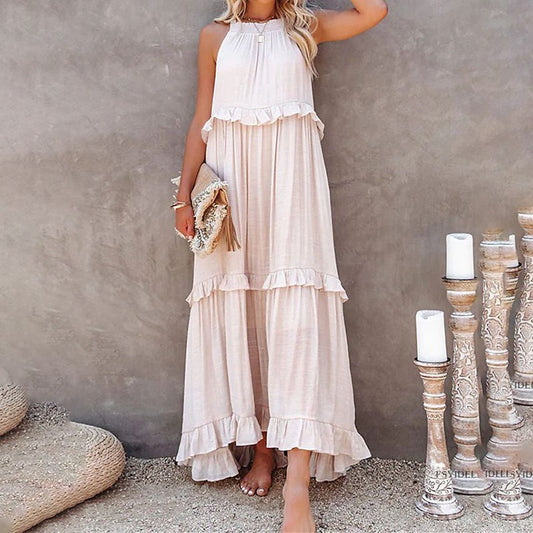 Women Casual Solid Ruffles Long Dress Summer Elegant Sleeveless Sundress Elegant